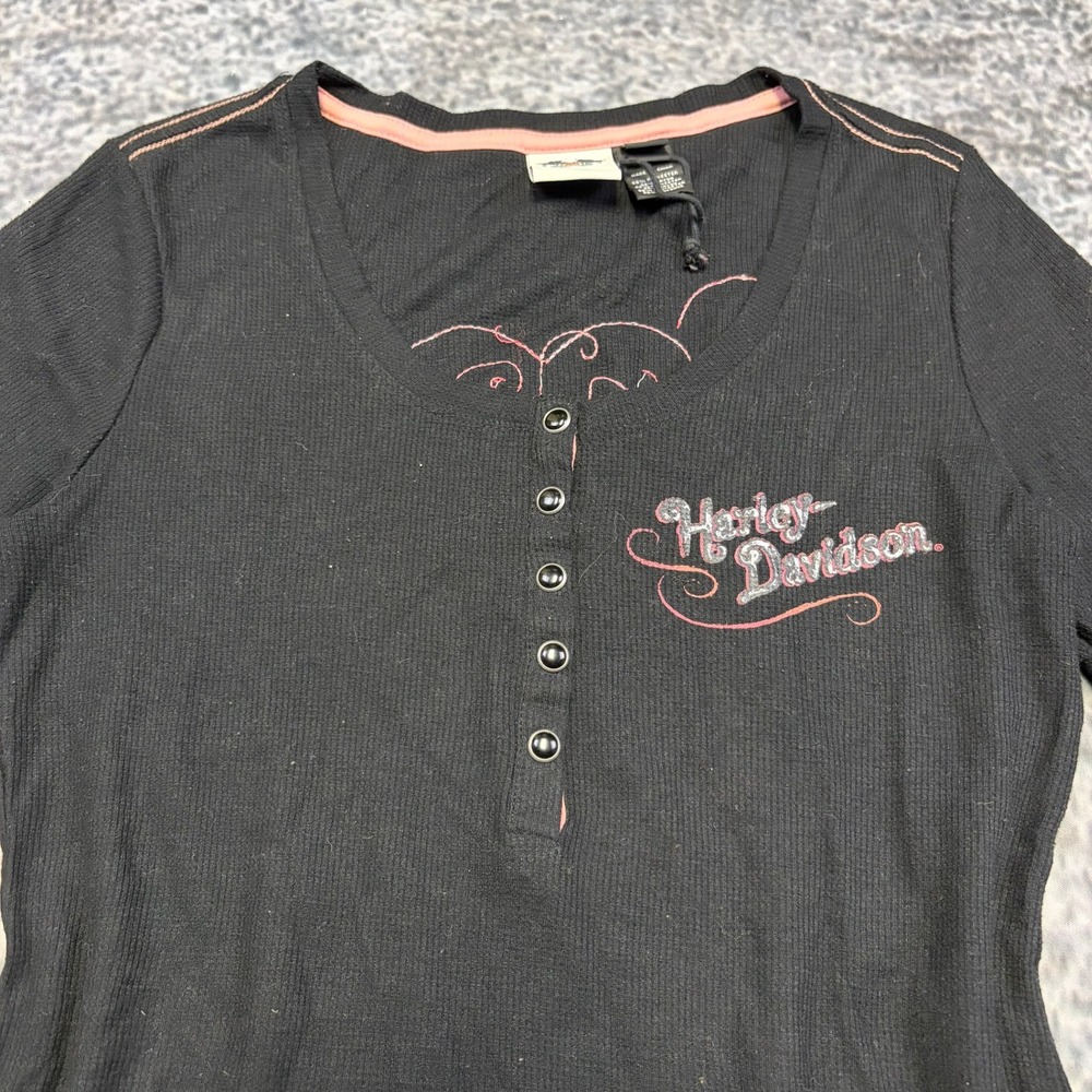 VTG Y2K Harley Davison Henley Thermal Shirt Long Sleeve Womens Large Wings Biker - Picture 3 of 8